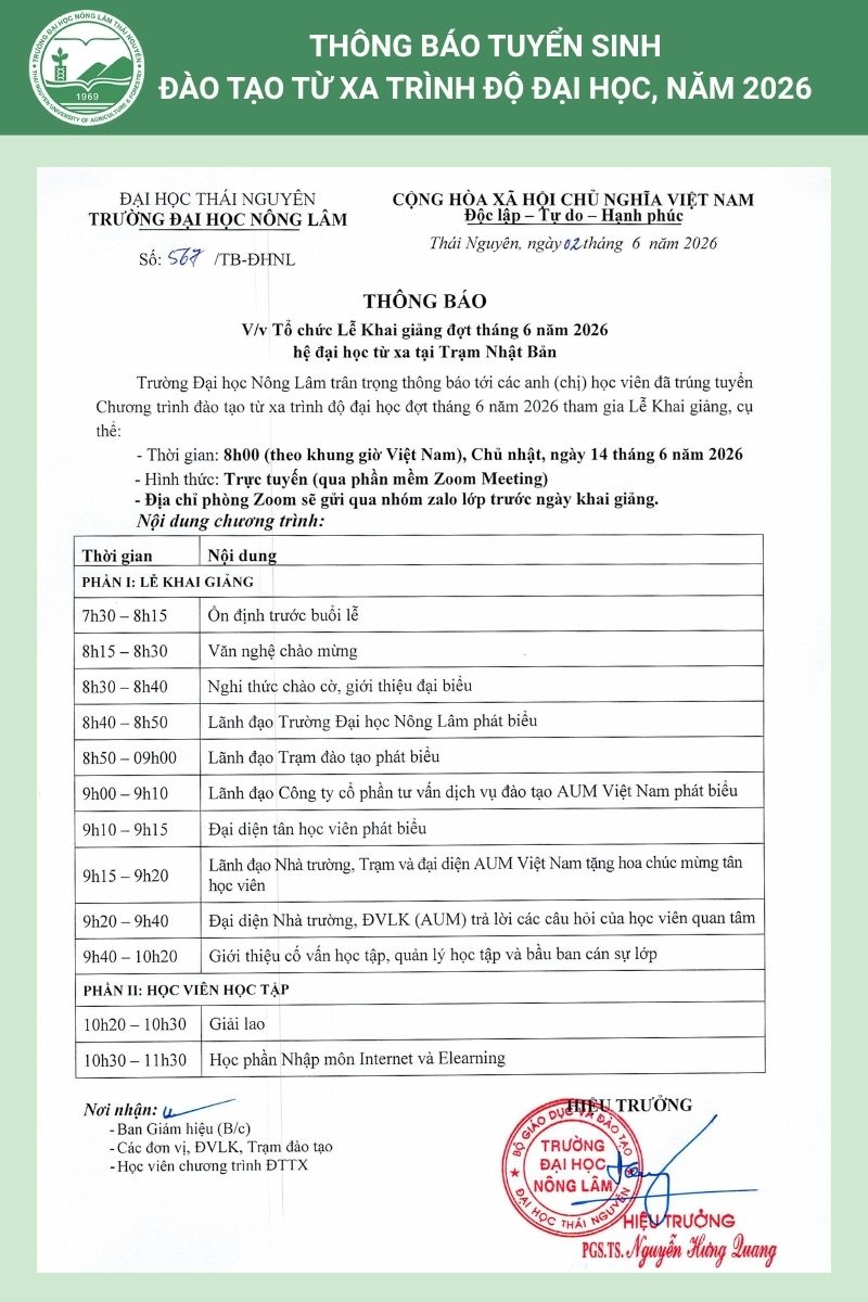 Thông báo Lễ khai giảng Hệ Đại học từ xa Trạm Nhật Bản tháng 6/2026