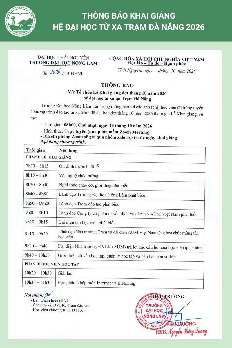 Thông tin Lễ khai giảng Hệ Đại học từ xa Trạm Đà Nẵng
