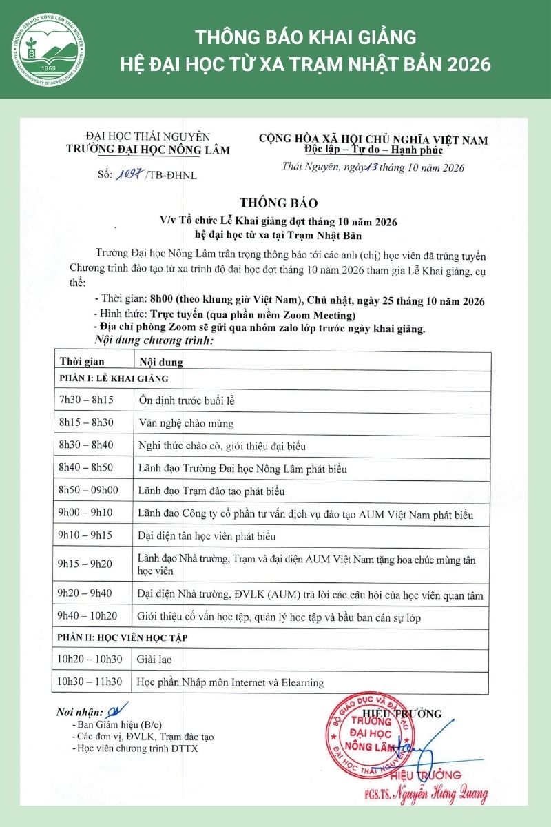 Thông báo Lễ khai giảng Hệ Đại học từ xa Trạm Nhật Bản tháng 10/2026