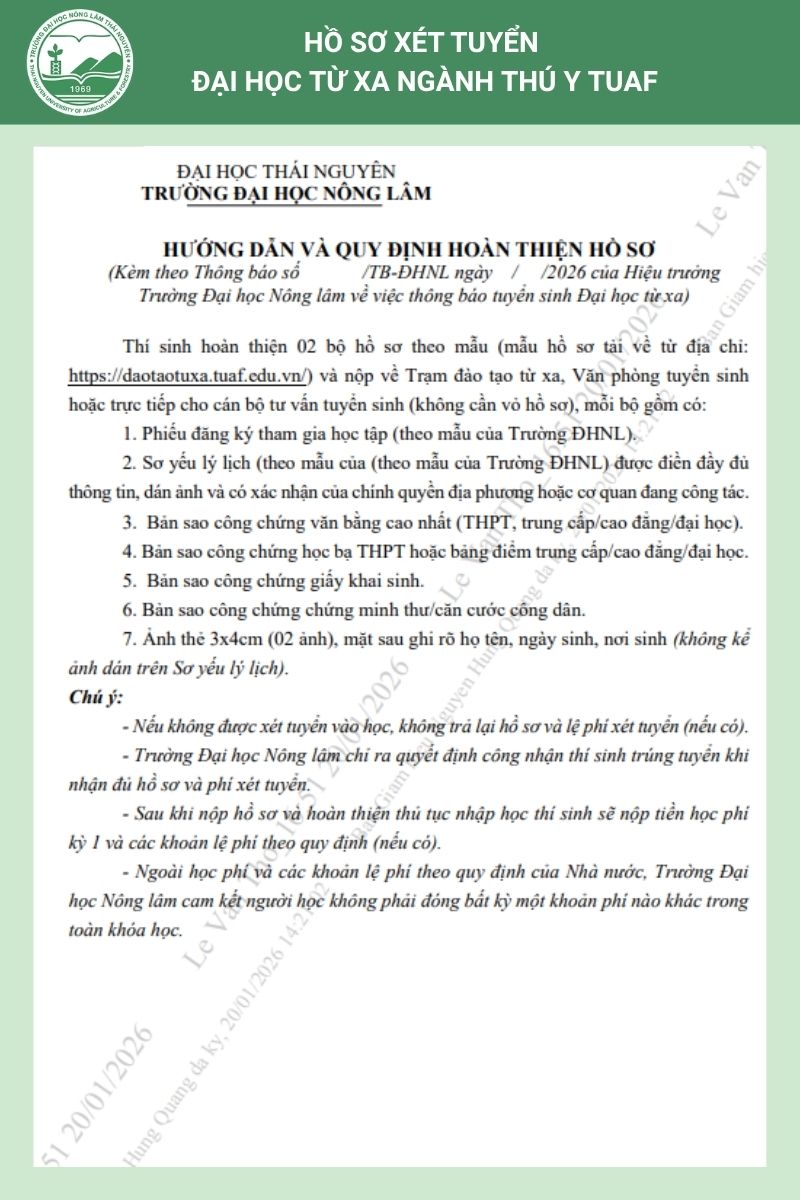 Hồ sơ xét tuyển Đại học Thú y hệ từ xa