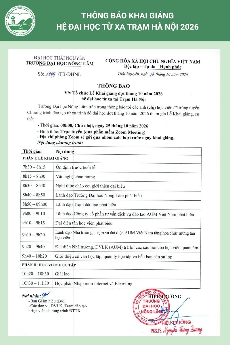 Thông báo Lễ khai giảng Hệ Đại học từ xa Trạm Hà Nội tháng 10/2026