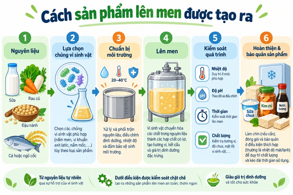 Quy trình tạo ra sản phẩm lên men từ nguyên liệu, chủng vi sinh vật đến kiểm soát và bảo quản sản phẩm