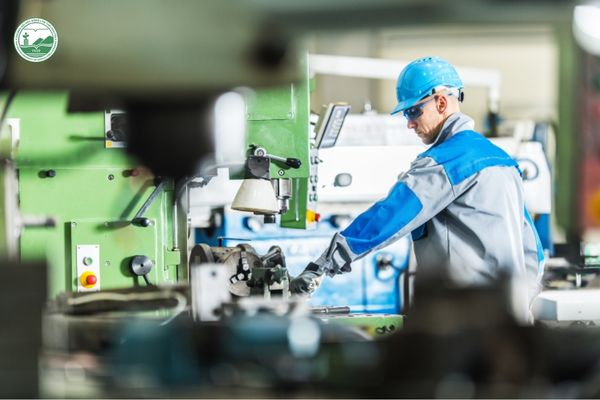 Kỹ thuật viên sản xuất trong nhà máy vận hành thiết bị và theo dõi quy trình chế biến thực phẩm