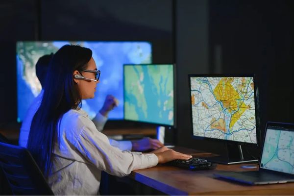 Chuyên viên GIS sử dụng bản đồ số và dữ liệu không gian trên máy tính để phân tích, theo dõi tài nguyên và môi trường.